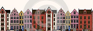 Amsterdam houses seamless pattern. Urban residential buildings. Scandinavian style. European city. Hand drawn monochrome