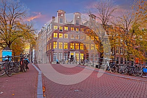 Amsterdam houses at twilight in Netherlands