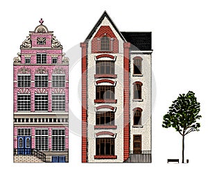 Amsterdam houses. Urban residential buildings. Scandinavian style. European city. Hand drawn monochrome doodle vector