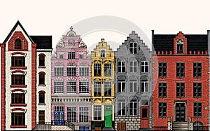 Amsterdam houses. Urban residential buildings. Scandinavian style. European city. Hand drawn monochrome doodle vector