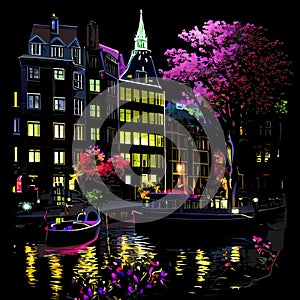 Amsterdam Illuminated River City Scene at Night