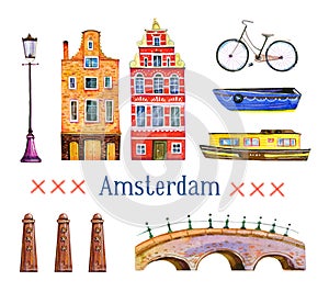 Amsterdam illustration. Watercolor hand drawn set. Houses, bicycle, bridge, boats and architecture details