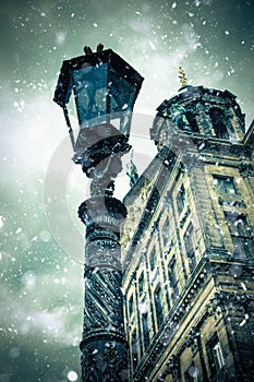 Amsterdam lamppost snow royal palace