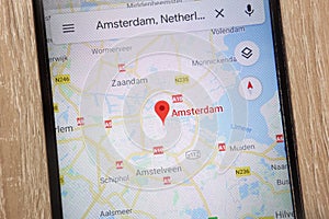 Amsterdam location on Google Maps displayed on a modern smartphone