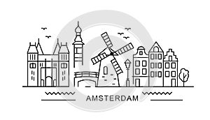 Amsterdam minimal style City Outline Skyline with Typographic. Vector cityscape with famous landmarks. Illustration for