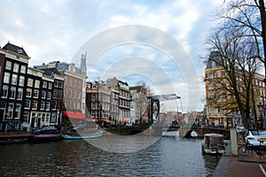 Amsterdam Netherlands Channel including bridge at Christmas time