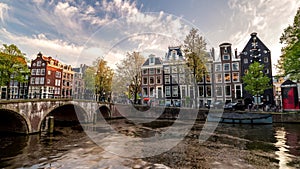 Amsterdam Netherlands city skyline sunset time lapse at canal waterfront