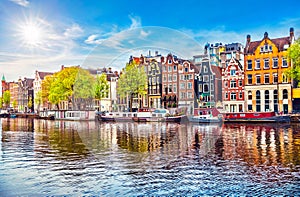 Amsterdam Netherlands dancing houses over river Amstel