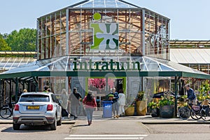 Intratuin entrance, sign above the entrance. Intratuin is a garden center