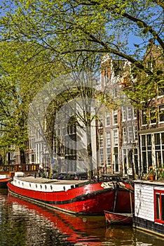 Amsterdam, Netherlands, May 2022. The leaning gables at the Krom Boomsloot in Amsterdam.