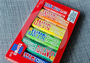 Amsterdam, Netherlands - May 04 2019: Tonys Chocolonely milk chocolate. Fair trade chocolate made by Tonys Chocolonely chocolate