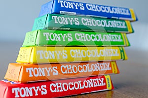 Amsterdam, Netherlands - May 04 2019: Tonys Chocolonely milk chocolate. Fair trade chocolate made by Tonys Chocolonely chocolate