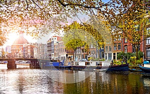 Amsterdam Netherlands. Panoramic view of autumn Dutch city.