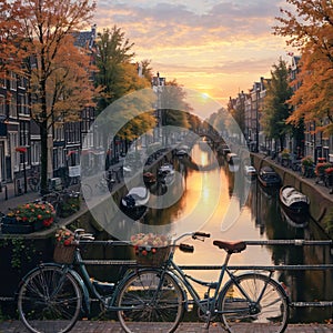 Amsterdam, Netherlands. Panoramic view of autumn Dutch city. Famous channel of Amstel river. Evening