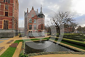 Amsterdam, Netherlands, Rijksmuseum, Garden of famous dutch national museum. Garden alleys, ponds and fountains.