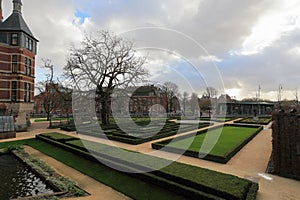 Amsterdam, Netherlands, Rijksmuseum, Garden of famous dutch national museum. Museumplein, Hollanad. Garden alleys.