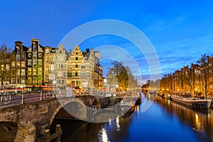 Amsterdam Netherlands sunset city skyline at canal