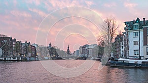 Amsterdam Netherlands sunset time lapse at canal waterfront