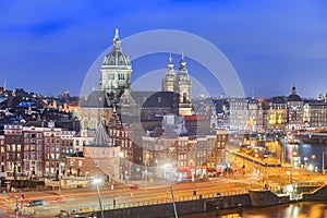 Amsterdam, Netherlands Town Cityscape Over the Old Centre District with The Basilica of Saint Nicholas