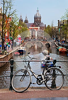 Amsterdam old town canal, boats.