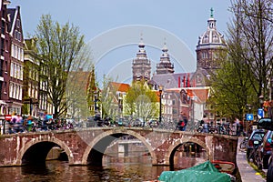 Amsterdam old town canal, boats.