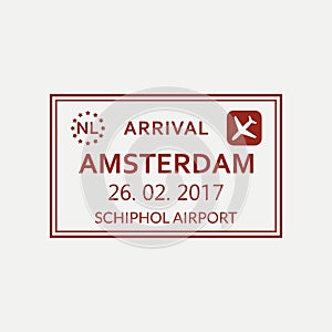 Amsterdam passport stamp. The Netherlands airport visa stamp or immigration sign. Custom control cachet. Vector illustration.