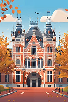 Amsterdam poster, travel print with building facade of Rijksmuseum