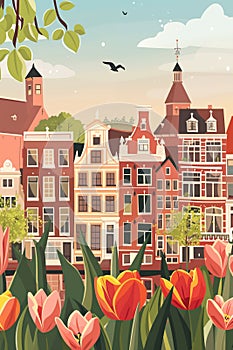 Amsterdam poster, travel print with building facades and tulips. AI generated image