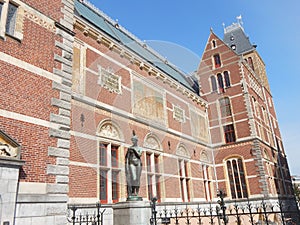 Amsterdam Rijksmuseum, National state museum, backside building with sculpture and Brick tiles