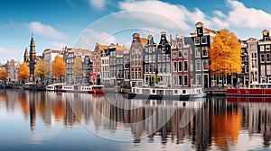 Amsterdam's Amstel River Channel with Iconic Houses. Generative ai
