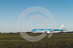 KLM airplane is ready to take off from the runway, Boeing 787-9, KLM royal dutch airlines, runway Polderbaan