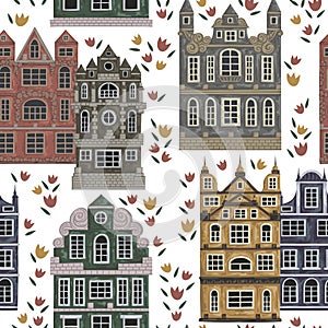 Amsterdam. Seamless pattern with historic buildings and traditional architecture of Netherlands.