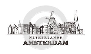 Amsterdam sketch skyline. Netherlands, Amsterdam hand drawn vector illustration