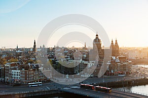 Amsterdam skyline in historical area at night, Amsterdam, Nether