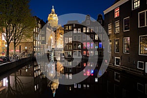 Amsterdam skyline in historical area at night, Amsterdam, Nether