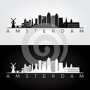 Amsterdam skyline and landmarks silhouette.