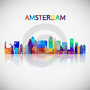 Amsterdam skyline silhouette in colorful geometric style.