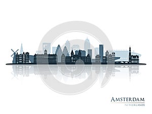 Amsterdam skyline silhouette with reflection.