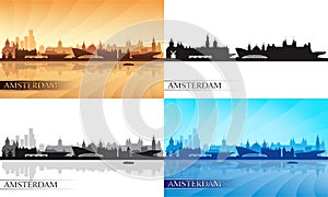 Amsterdam skyline silhouettes set