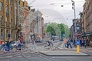 Amsterdam spring scene people crossing the road in city center