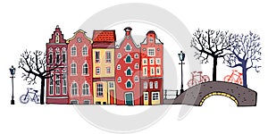 Amsterdam street scene. Vector color outline sketch hand drawn illustration. Three houses with bridge, lantern, trees