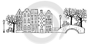 Amsterdam street scene. Vector outline sketch hand drawn illustration. Houses with bridges, lanterns, trees and bicycles