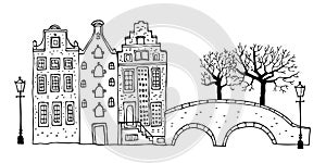 Amsterdam street scene. Vector outline sketch hand drawn illustration. Three houses with bridge, lantern, trees