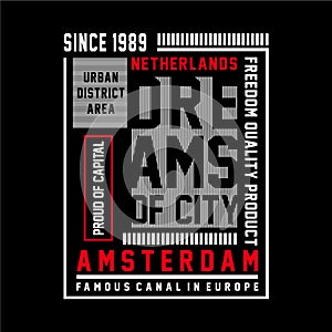 Amsterdam tee print. T-shirt design graphics stamp label typography.