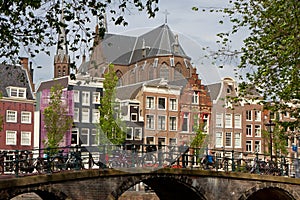 Amsterdam view with bridge and typical dutch houses