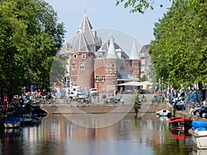 Amsterdam, The Waag monument, Nieuwmarkt square from Kloveniersburgwal
