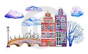 Amsterdam watercolor hand drawn illustration. Two houses with bridge, lantern, trees, clouds and bicycle