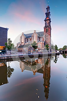 Amsterdam - The Westerkerk church, Netherlands at night