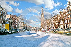 Amsterdam in winter with the Westerkerk in Netherlands