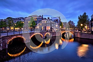 Amterdam canal, bridge and medieval houses in the evening